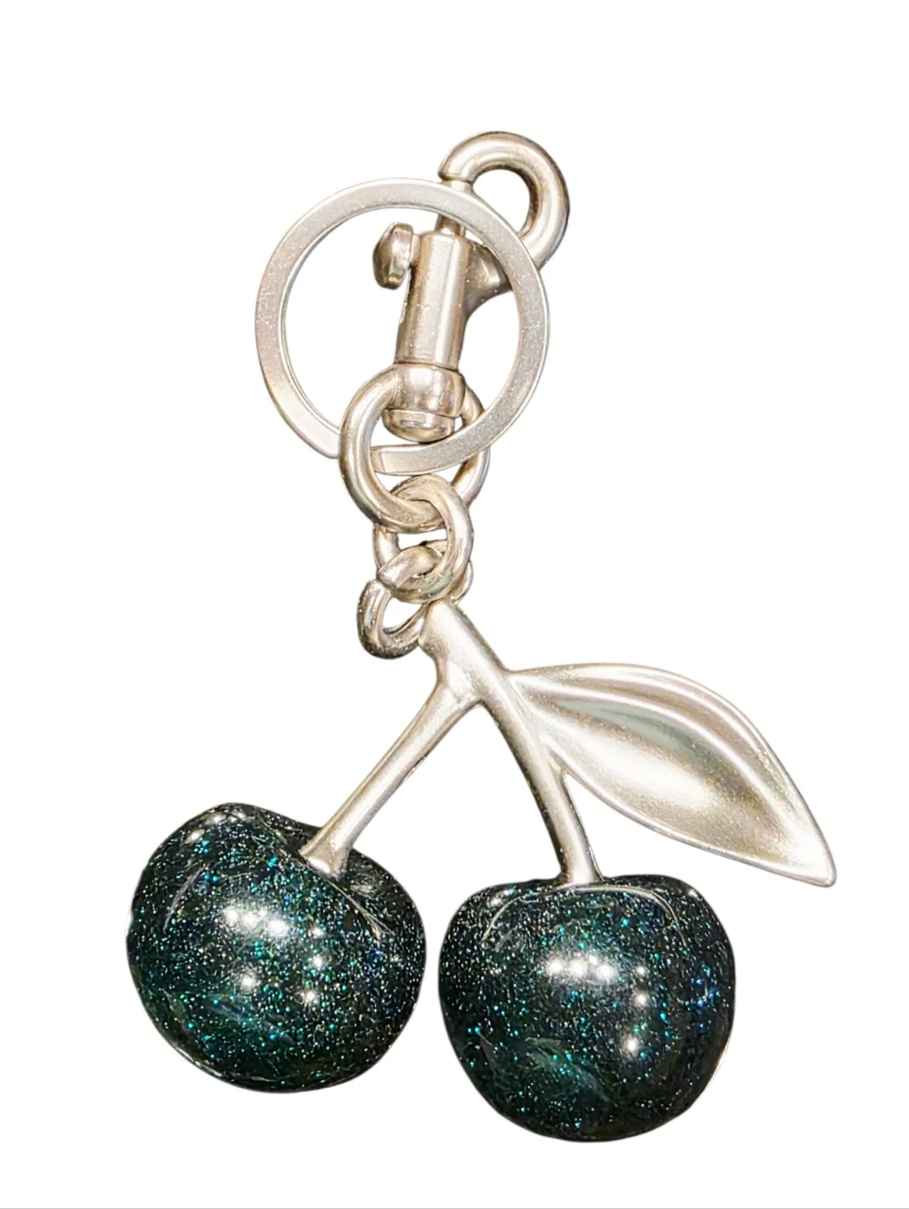 Hunter Green Glitter Cherry Purse Charm Keyring with Matte Silver Hardware